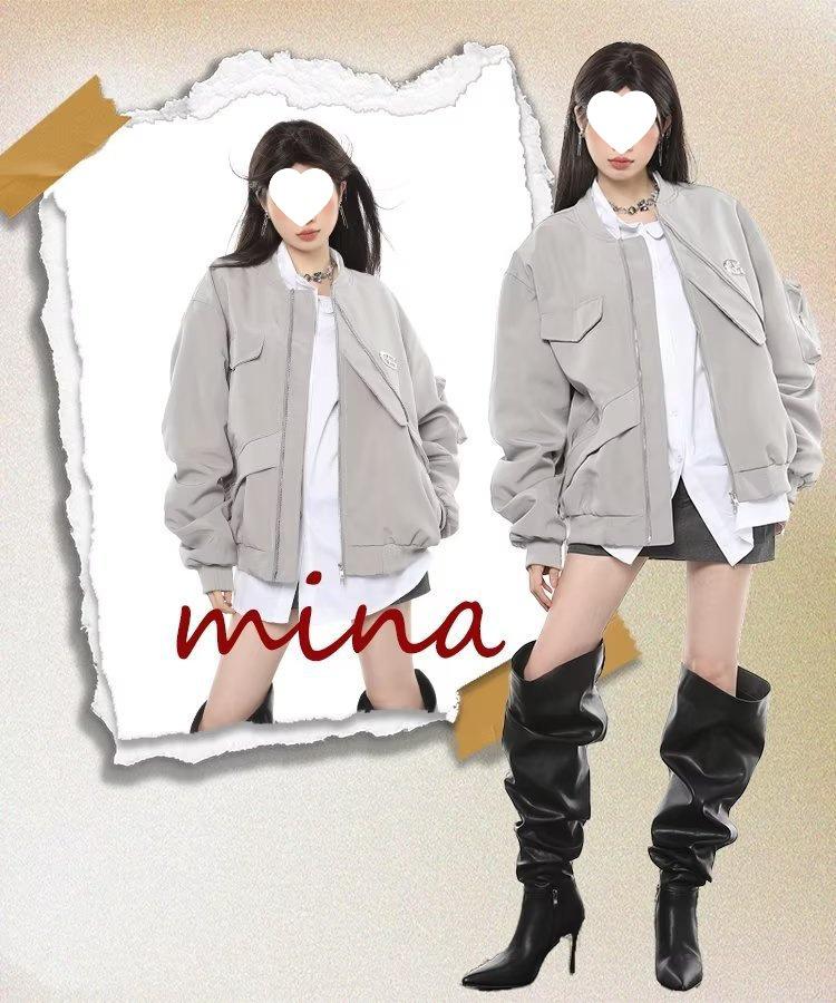 Women's Spring/Autumn 2025 Grey-Black Zipper Baseball Flight Jacket