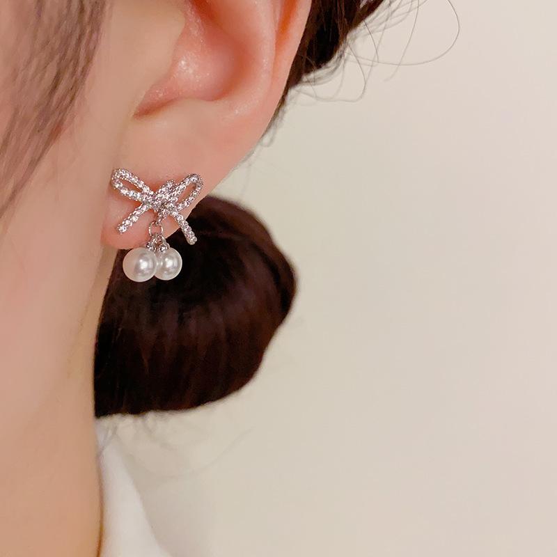 Sweet Bow Knot Pearl Drop Earrings Luxury Niche Design Fashion Jewelry For Women