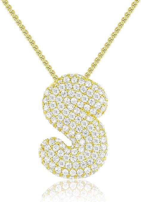 Stainless Steel Bubble Letter Initial Pendant Chunky Women Personality Jewelry Zircon Gold Plated Balloon 26 Letter Necklaces