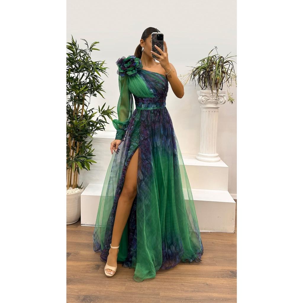 Abito Maxi da Donna a Spalla Singola Manica Lunga Linea ad A Vita Media Elegante Abito da Sera in Tulle