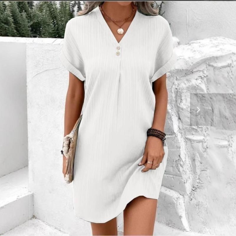 

Women s V-neck Solid Color Pullover Casual Button Dress S белый
