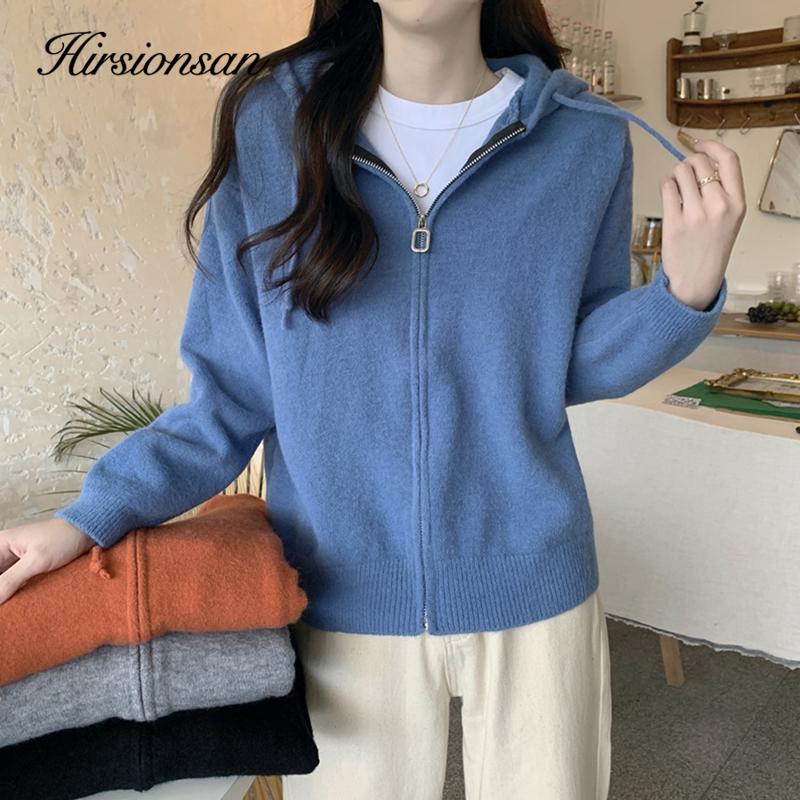 

Hirsionsan Корейский свободный элегантный кардиган на молнии, женский осенне-зимний повседневный однотонный вязаный свитер с капюшоном, женские простые модные топы с длинными рукавами
