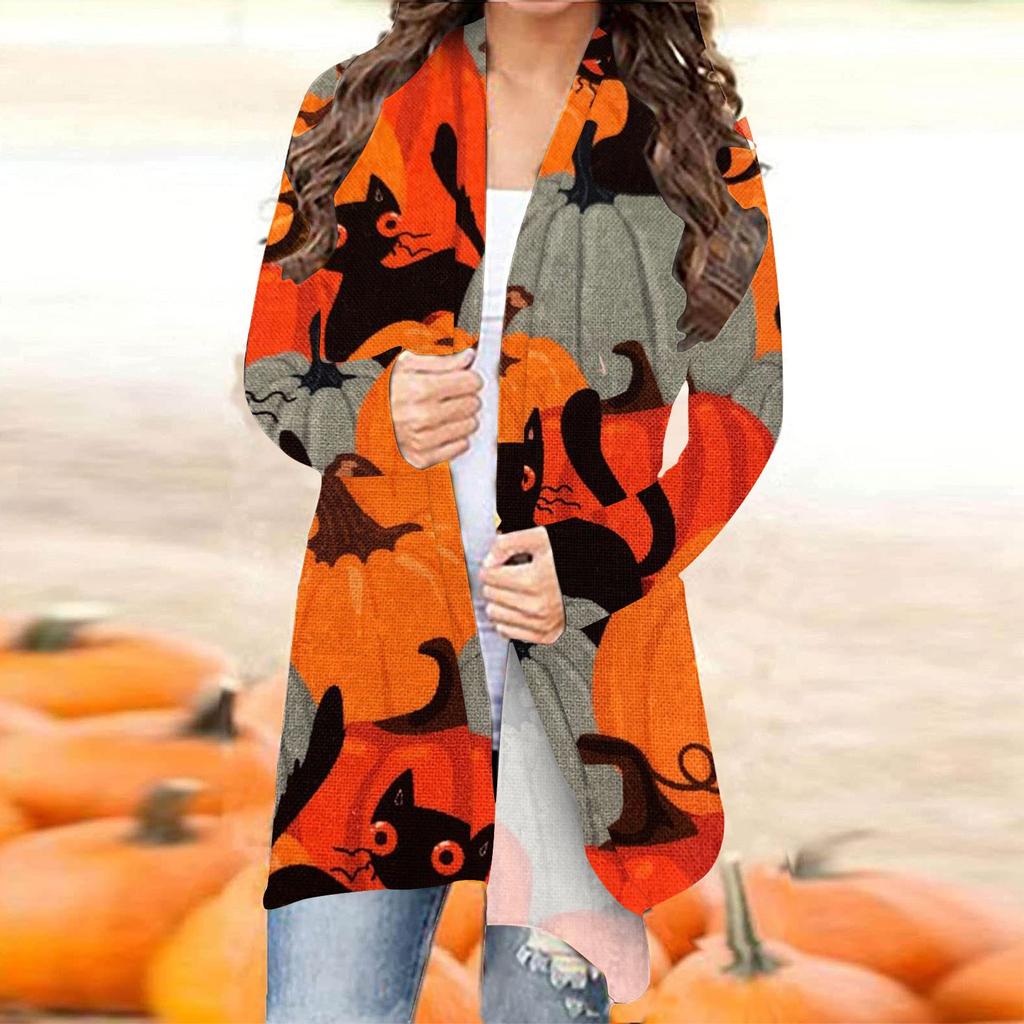 Women's Fashion Casual 2022 Halloween Print Medium Length Cardigan Jacket Coat