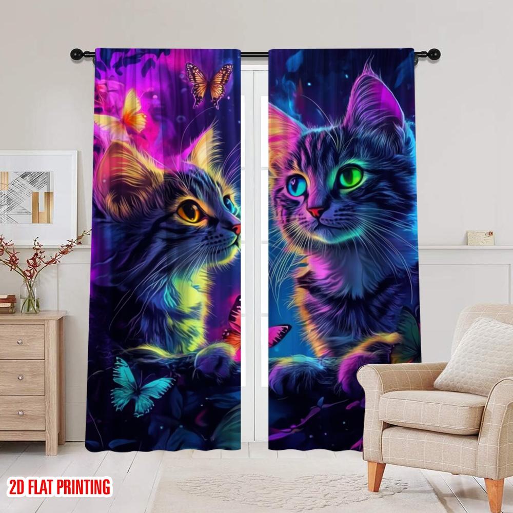2pcs,2D Plane Printing Light Filtering Curtains Neon Cat Dreamscape Versatile 100% Polyester (without Rod) All Seasons for