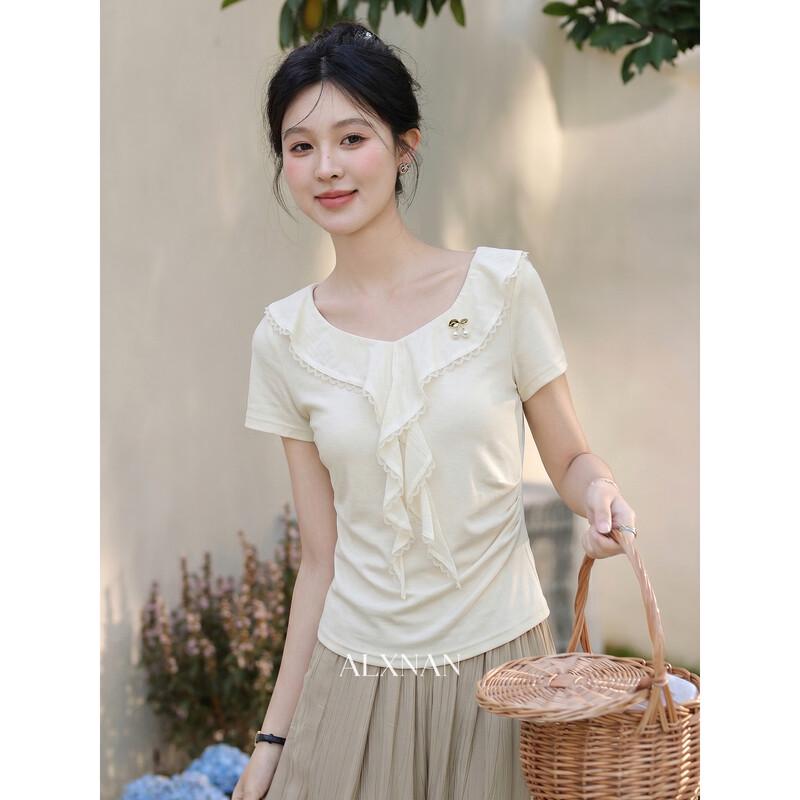 Luxiangnan Women s Gentle Style Versatile Apricot T-Shirt M