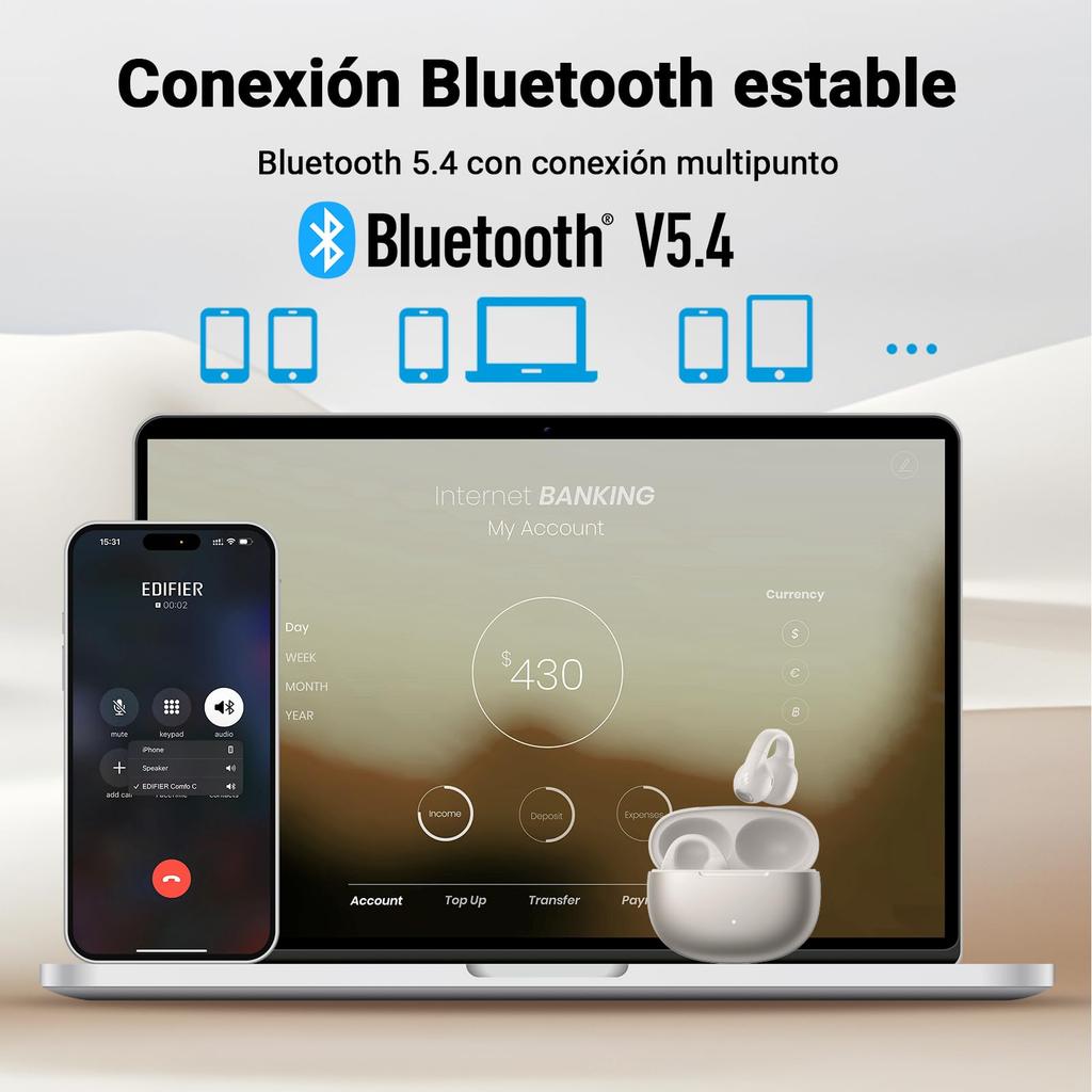Edifier Comfo C Wireless Bluetooth 28 Hours of IP56 Clear App Perfect for and for Women and Comfortable Fit with Ear Starlight Open-Ear Headphones,