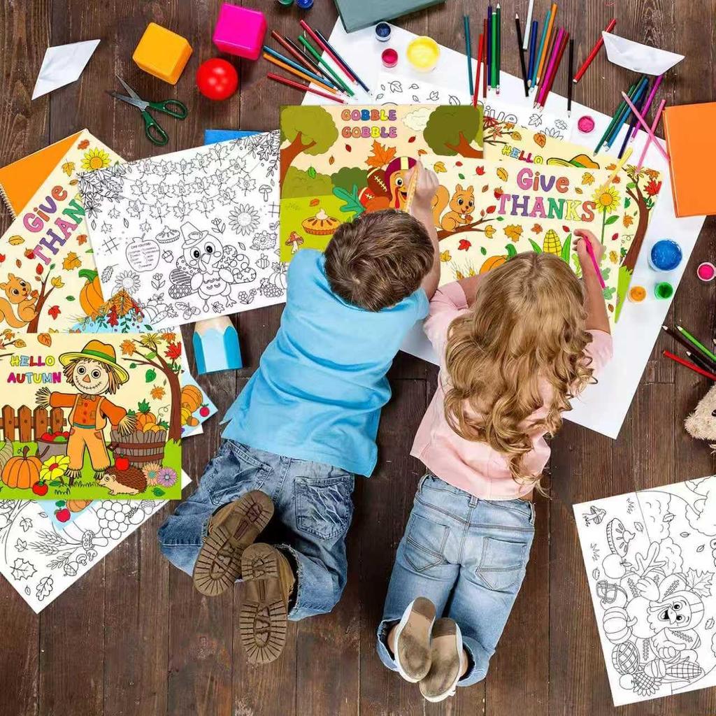 16pcs Thanksgiving Coloring Placemats for Kids 2-Sided Disposable Turkey Placemats to Color Paper Place Mats/Poster for Thankful Activity Happy