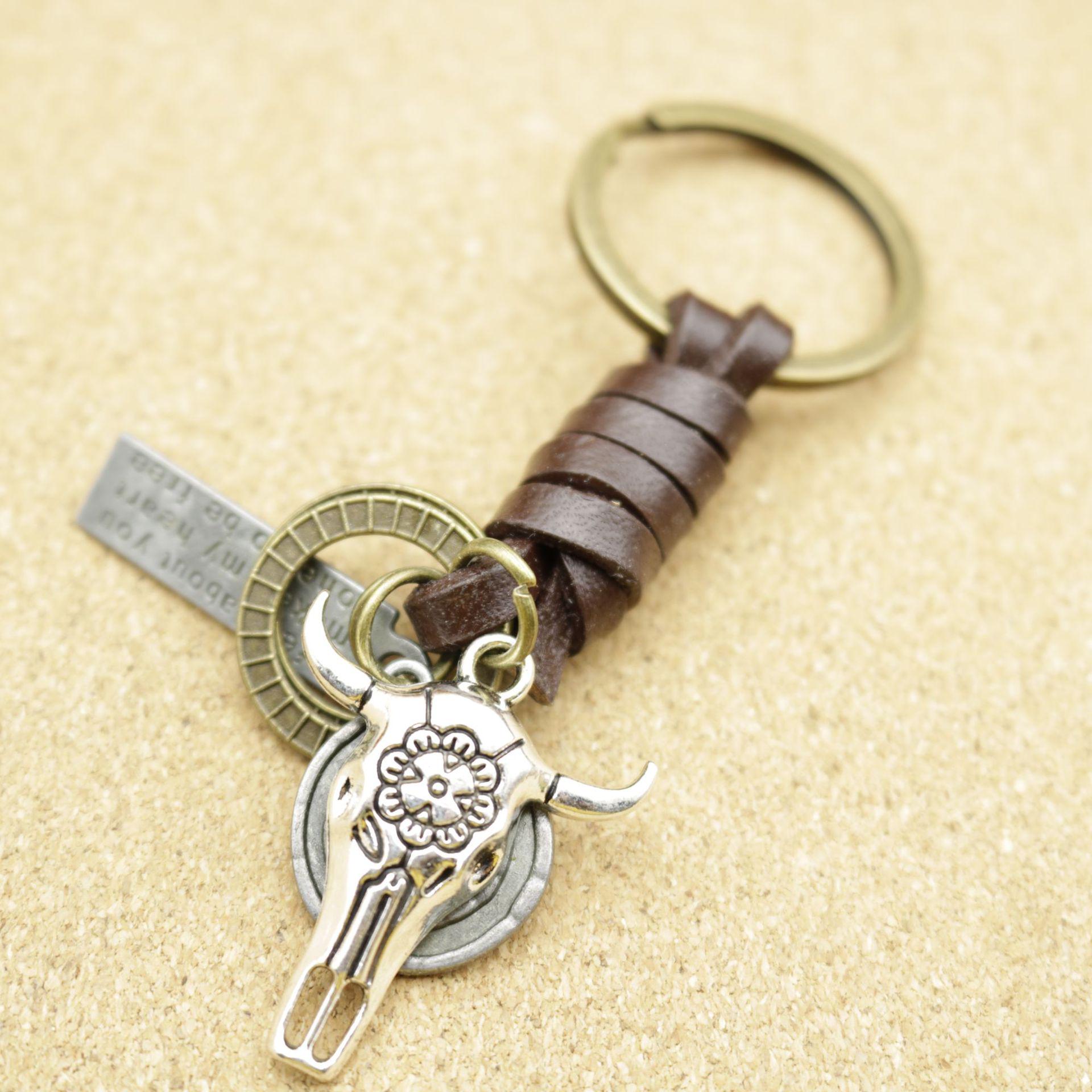 Men s Antique Bronze Bull Head Keychain with Woven Cowhide