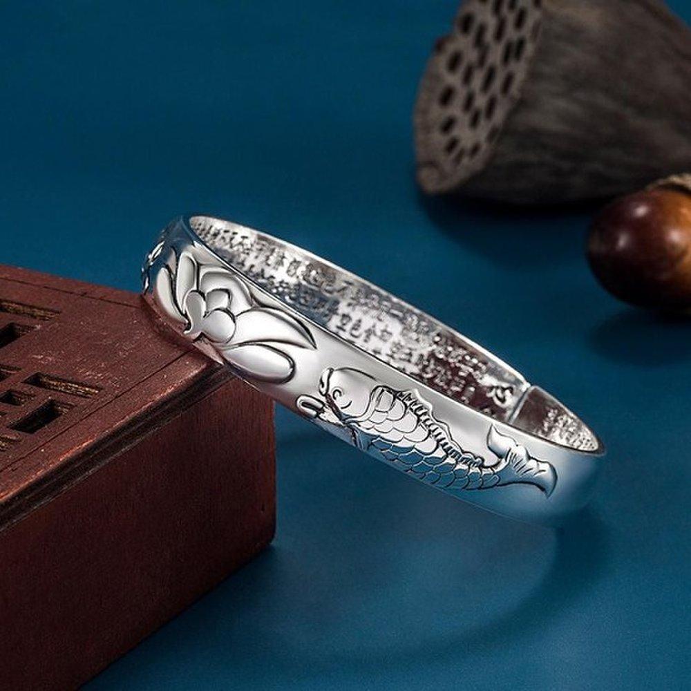 Carp Lotus Heart Sutra Buddhist Sutra Engraved S999 Silver Vintage Bracelet Unisex Bracelet Buddhist Bracelet Buddhist Sutra Bracelet