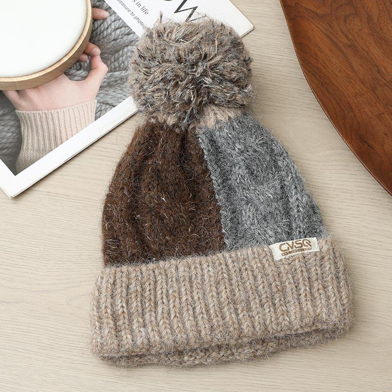 Thickened Warm Ear Protection Windproof Wool Hat Autumn and Winter Color Splicing Plaid Knitted Hat Women