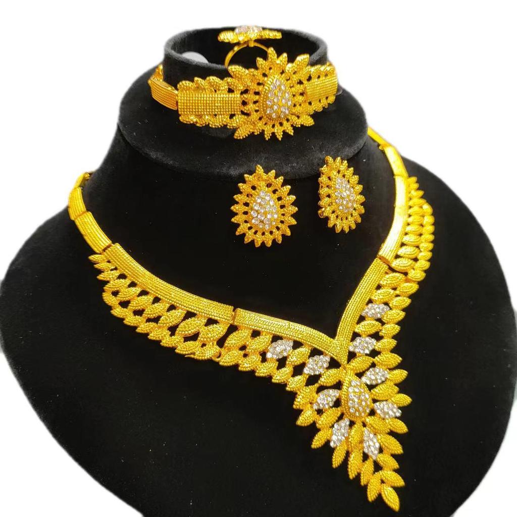 24k Gold Plated Dubai Bridal Jewelry Set: Necklace & Earrings (4-Piece)
