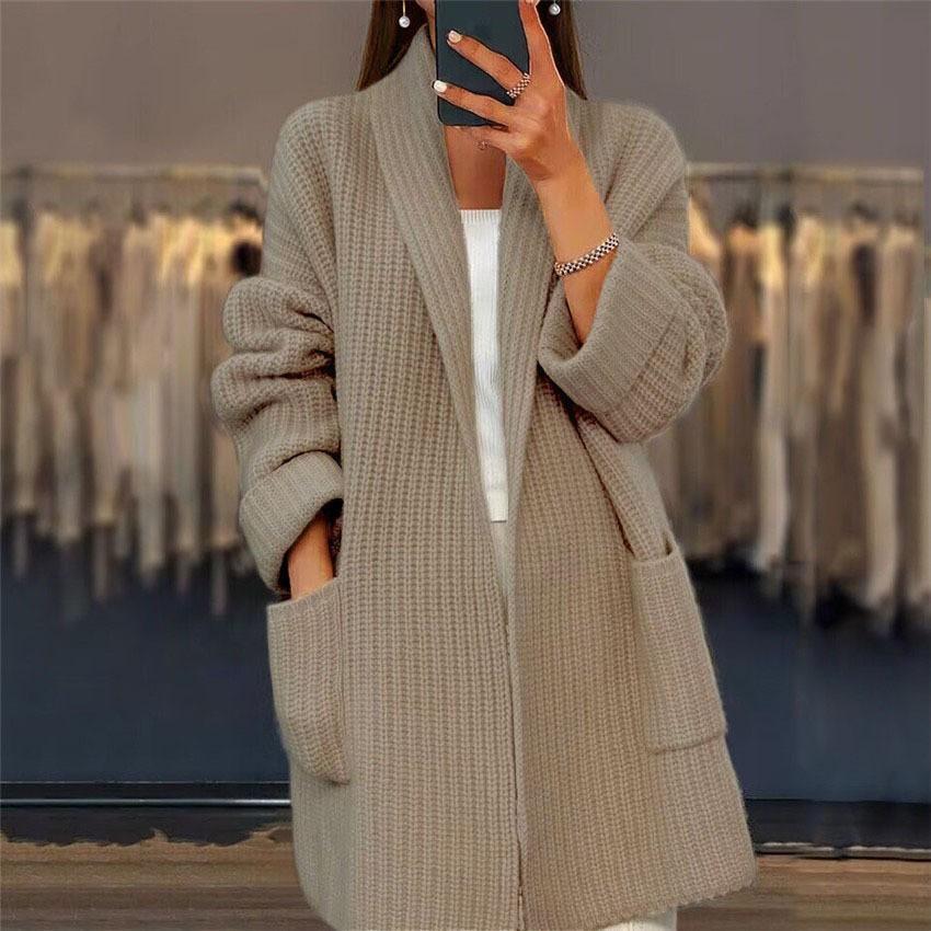 Women Autumn/Winter Knitted Cardigan Sweater Pockets Long Sleeve Jacket Korean Style Elegant Casual Loose Knitwear