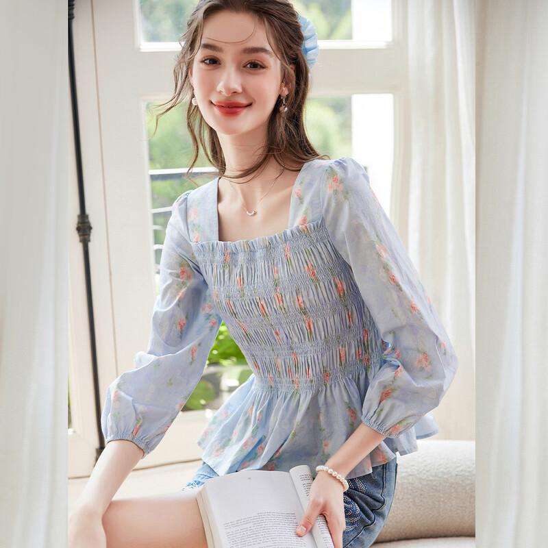 Elegant Smocked Floral Print Square Neck Blouse L