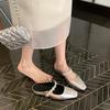 Inner heightening version~ Leather silver thick-bottomed bag head slippers women's rhinestone word with slope heel sandals Muller half slippers
