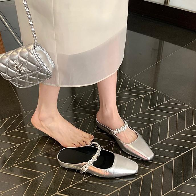 Inner heightening version~ Leather silver thick-bottomed bag head slippers women's rhinestone word with slope heel sandals Muller half slippers