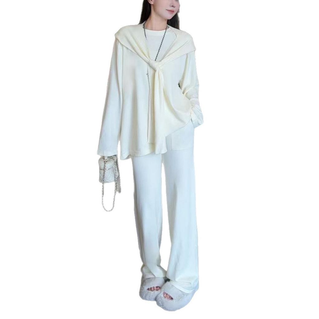 Temperament elegant knitted sweater set women's spring and autumn new loose lazy style casual top pants shawl three-piece set