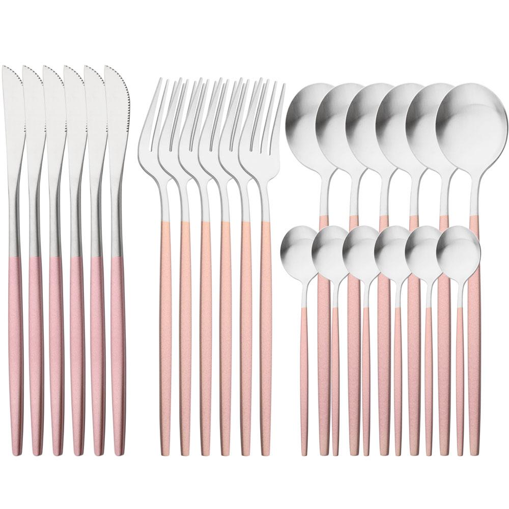 White Gold 24Pcs Cutlery Set Matte Dinnerware Western Flatware Knife Fork Spoons Stainless Steel Silverware Kitchen Tableware Set