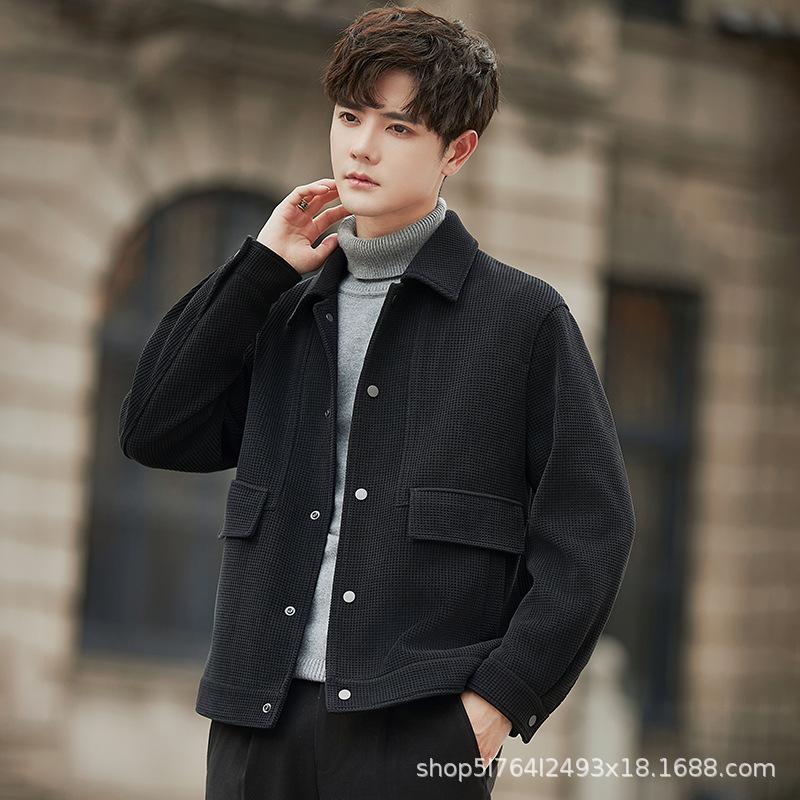 

Вафельная повседневная куртка мужская весна и осень премиум свободного покроя с короткими лацканами мужской топ M чёрный