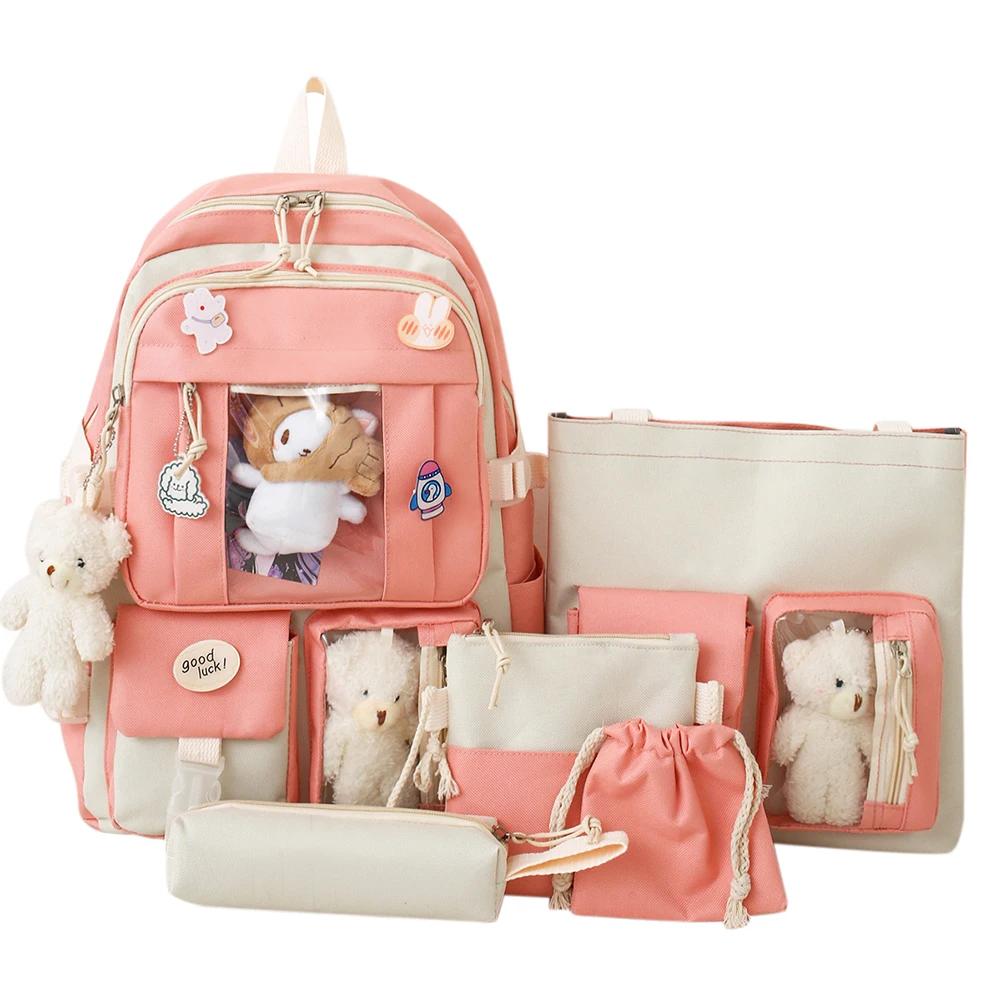5 peças/conjunto Mochila Kawaii Feminina Coreana Fofa Mochila Estudante Menina Grande Capacidade Mochila Escolar Bolsa com Cordão Carteira