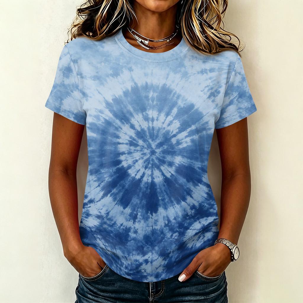 Women's Casual Pullover T Shirt Short Sleeve Round Neck Tie Dye Print Top Lightweight Comfortable Fit