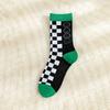 5/10 Pairs Green Checkered Black and White Pattern Mid Calf Socks Trendy Brand with Smiling Face Color Blocked Stripes Collegiate Style Cotton Socks