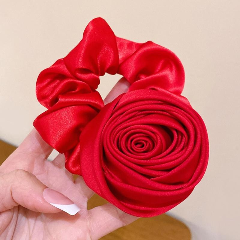 Korean Women Rose Elastic Hair Bands Hair Scrunchies Big Flower Satin Hair Rope Charm Horsetail Gentle Hair Accessories