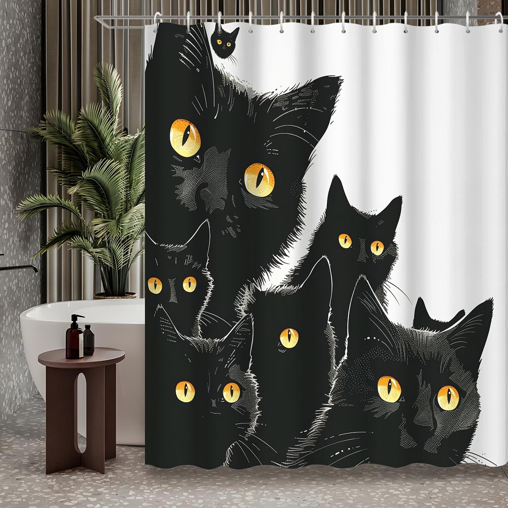 1Pc Halloween Home Decor Abstract Art Cartoon Animal Black Cat Shower Curtain, 12 Hooks Shower Curtain, Bathroom Decoratio