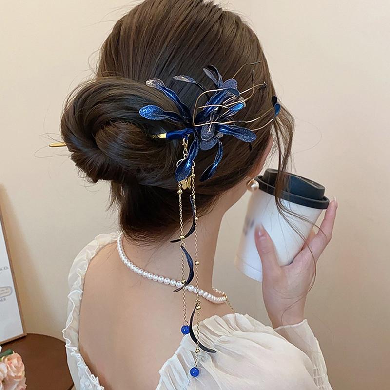 Chinese Style Spider Lily Flower Hair Sticks For Women Dripping Oil Tassel Hairpin Vintage Hanfu Chopsticks Hair Accessories