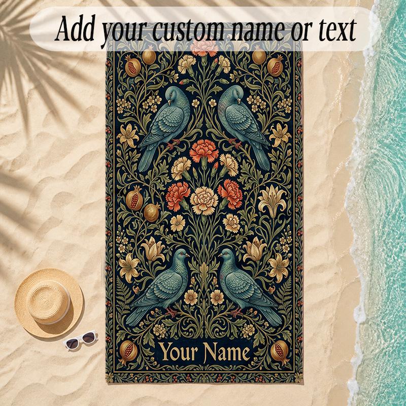 Birds Theme Soft Beach Towel Personalized Custom Name Text Towel Portable for Beach Pool Travel