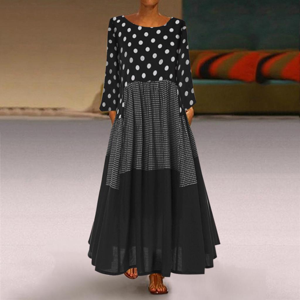 Women Vintage  Wave Point Print Dress Long Sleeves  Maxi Dress
