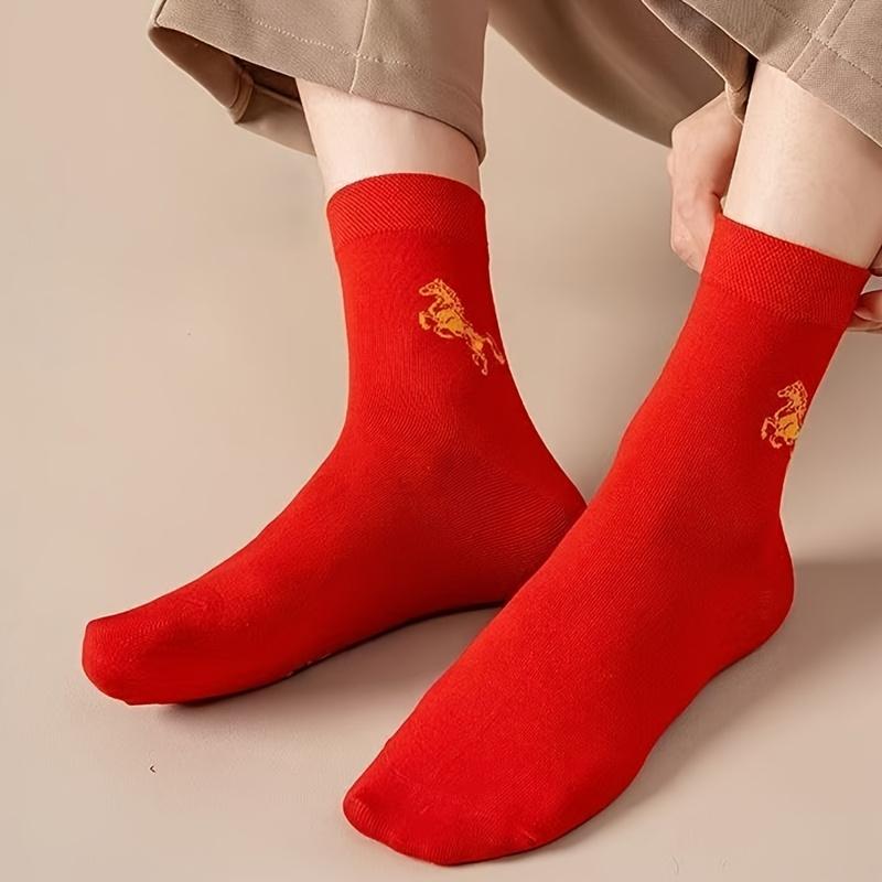 2/5 Paar Rote Neujahrssocken 2026, Pferde-Tierkreiszeichen, Wadenhoch, Cartoon-Design, Festliche Socken für Damen & Herren, Herrensocken