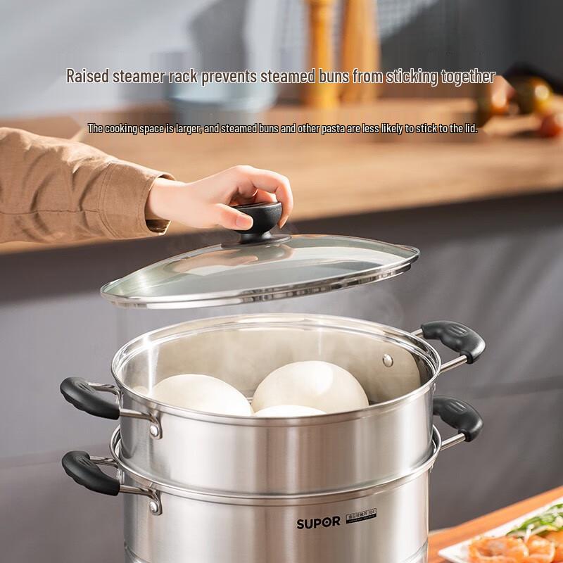 SUPOR 28cm 304 Stainless Steel Steamer & Soup Pot with Steaming Basket