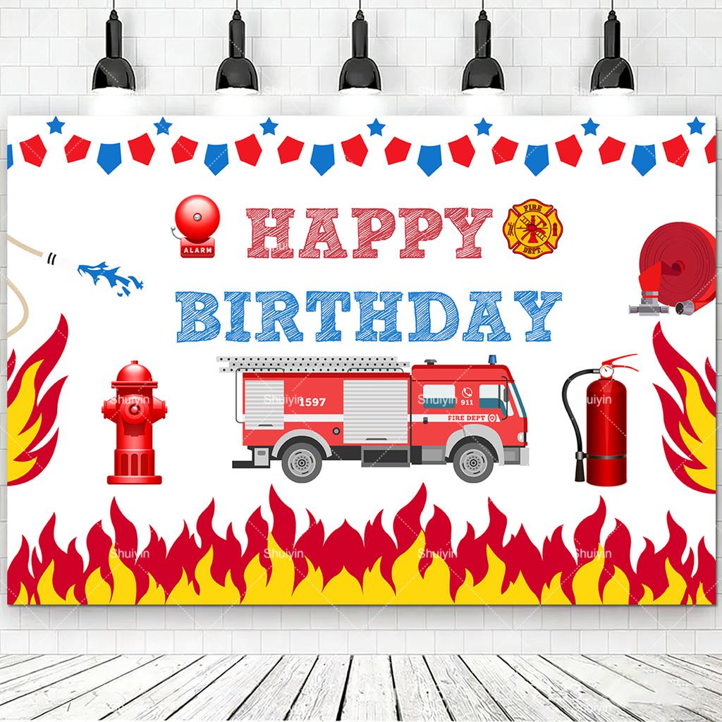 Cartoon Firefighter Firetruck Theme Backdrop Red Flame Fireman Boy Birthday Decorations Party Supplies Photography Background