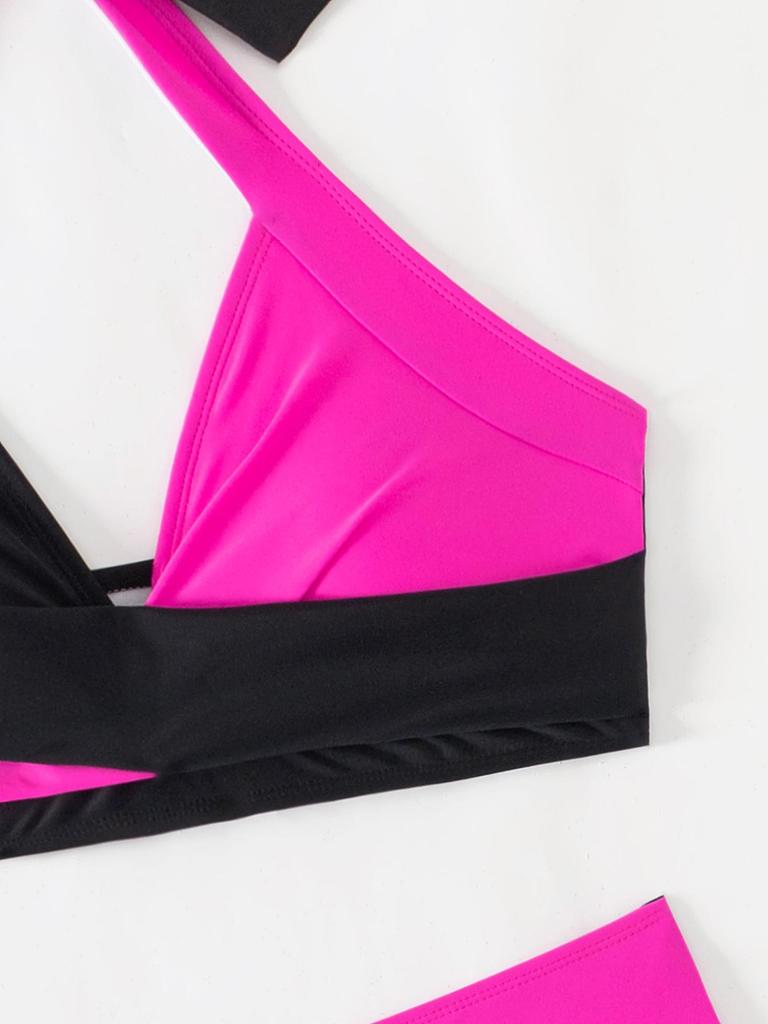 2025 Color Block High Waist Halterneck Bikini Two-Piece Swimwear for Women.