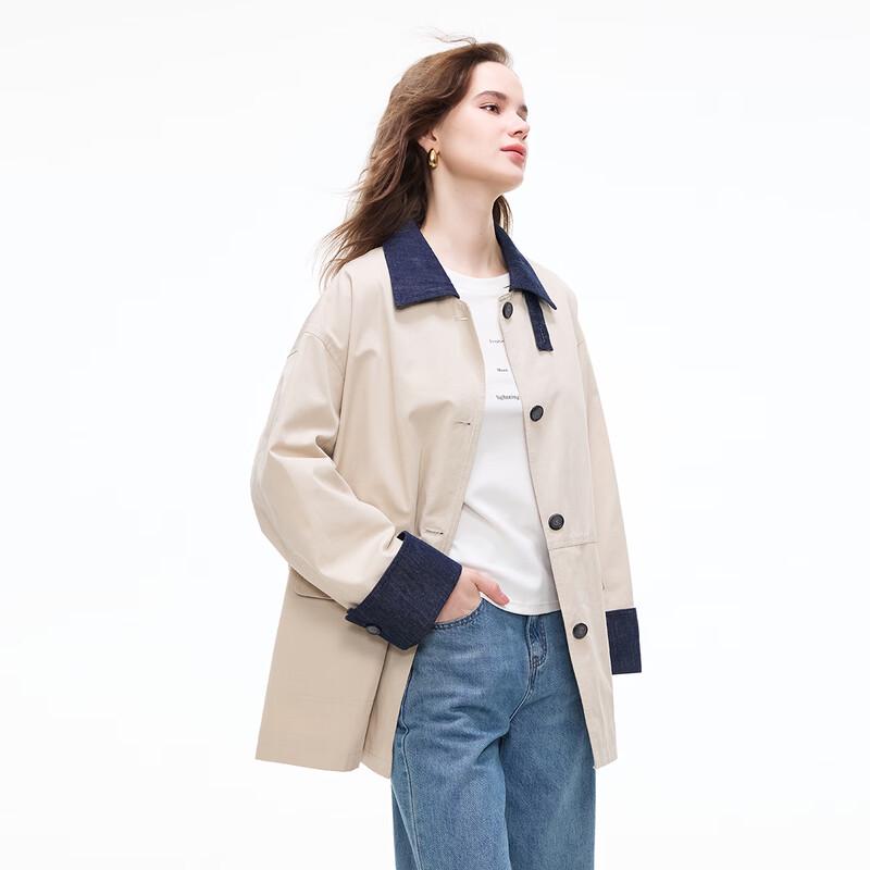 SheTu Patchwork Collar Color-block Long Sleeve Mid-length Trench Coat M