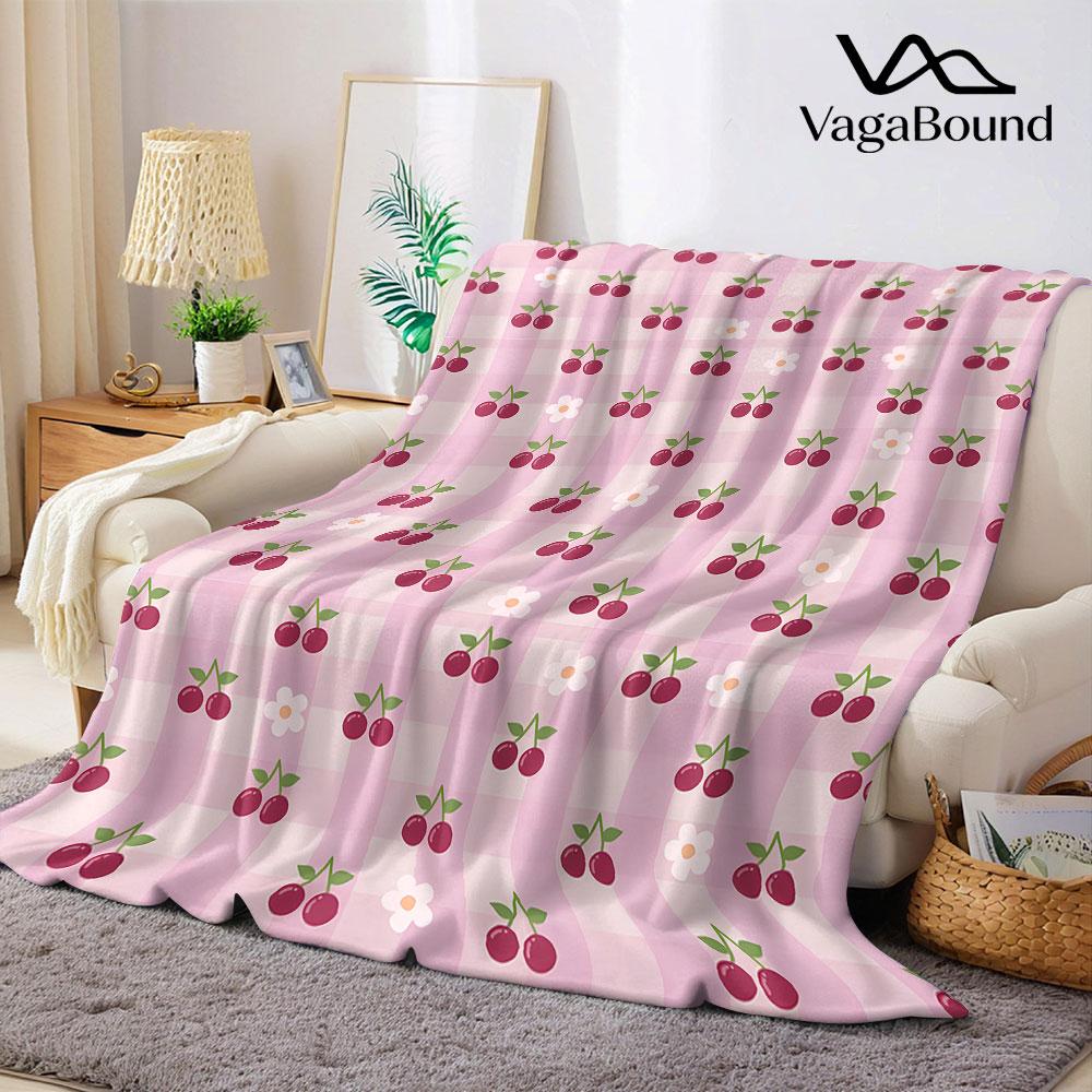 Pink Cherry Gingham Flannel Blanket Warm Soft Halloween Christmas Decorative Couch Warm Cozy All-Season Gift