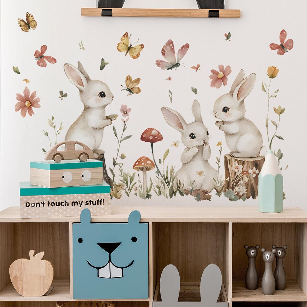 2 Pcs Cartoon Bunny Flowers and Leaves Bedroom Living Room Home Background Beautification Decoration Wall Stickers