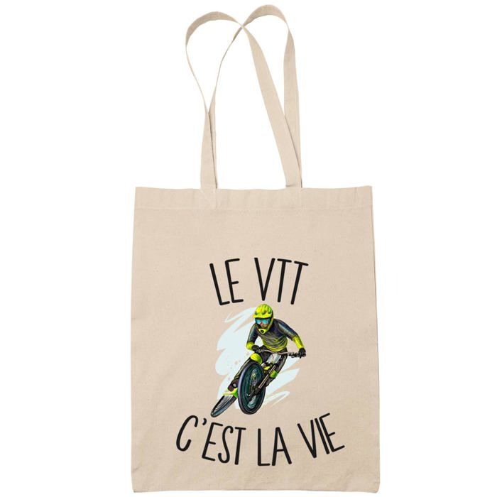 Tote bag - PLANETEE - « vtt c'est la vie » - Coton - Imprimé en France - Beige, anses solides