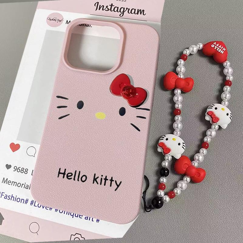Pretty Cute Hello Kitty Chain Case For Iphone 17 Pro Max 17 Air 16 15 14 13 12 11 Pro Max 16e Lichee Pattern Phone Casing