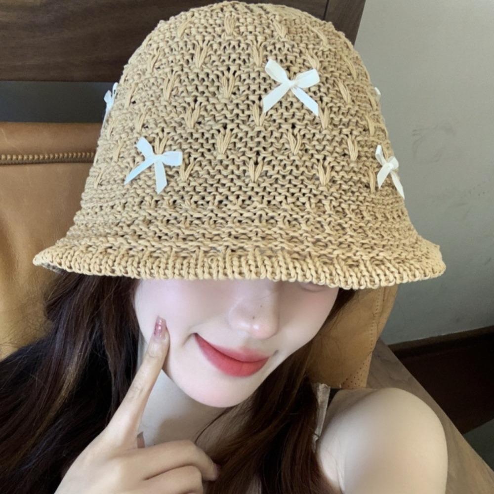 Mini Bow Beach Straw Hat Breathable Women Suncreen Hat Fashion Korean Bucket Hat  Sun Protection