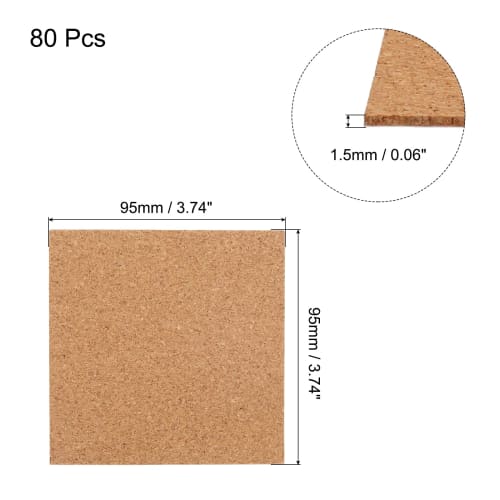 uxcell 80-Piece Self-Adhesive Cork Coasters, 9.5x9.5x0.5cm, Cork Cushions, Cork Tiles, Cork Backing Sheets, Mini Wall Cork Boards for Coasters and DIY