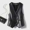 Female Outerwear Spring Autumn Black Soft Pu Leather Vest Double-breasted Elegant Office Lady Sleeveless Jackets Waistcoat