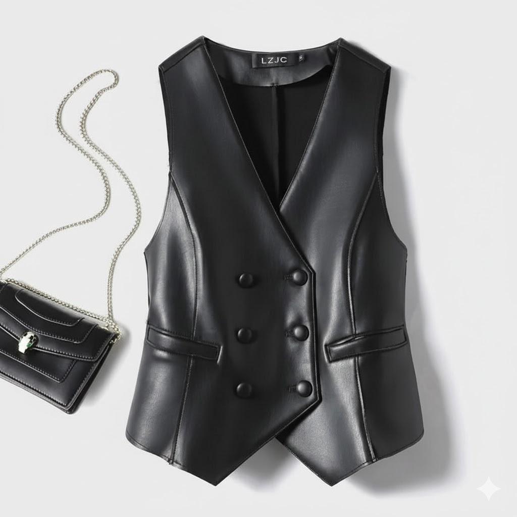 Female Outerwear Spring Autumn Black Soft Pu Leather Vest Double-breasted Elegant Office Lady Sleeveless Jackets Waistcoat