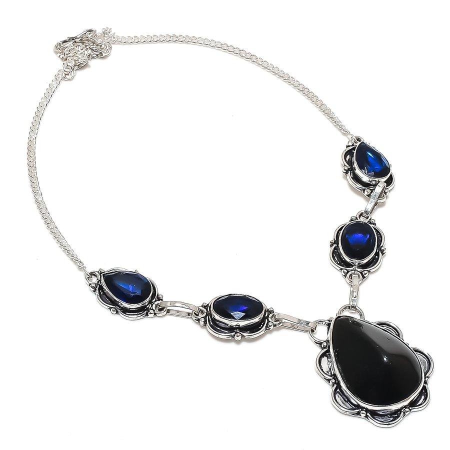 Natural Black Spinel, Quartz 925 Sterling Silver Jewelry Necklace 18" p1A36