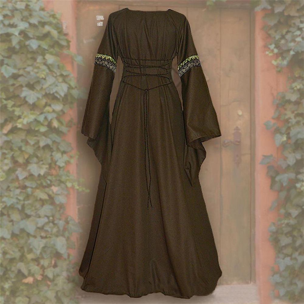 Vestido Medieval Gótico Retro de Cuadrado con Cordones y Mangas de Campana