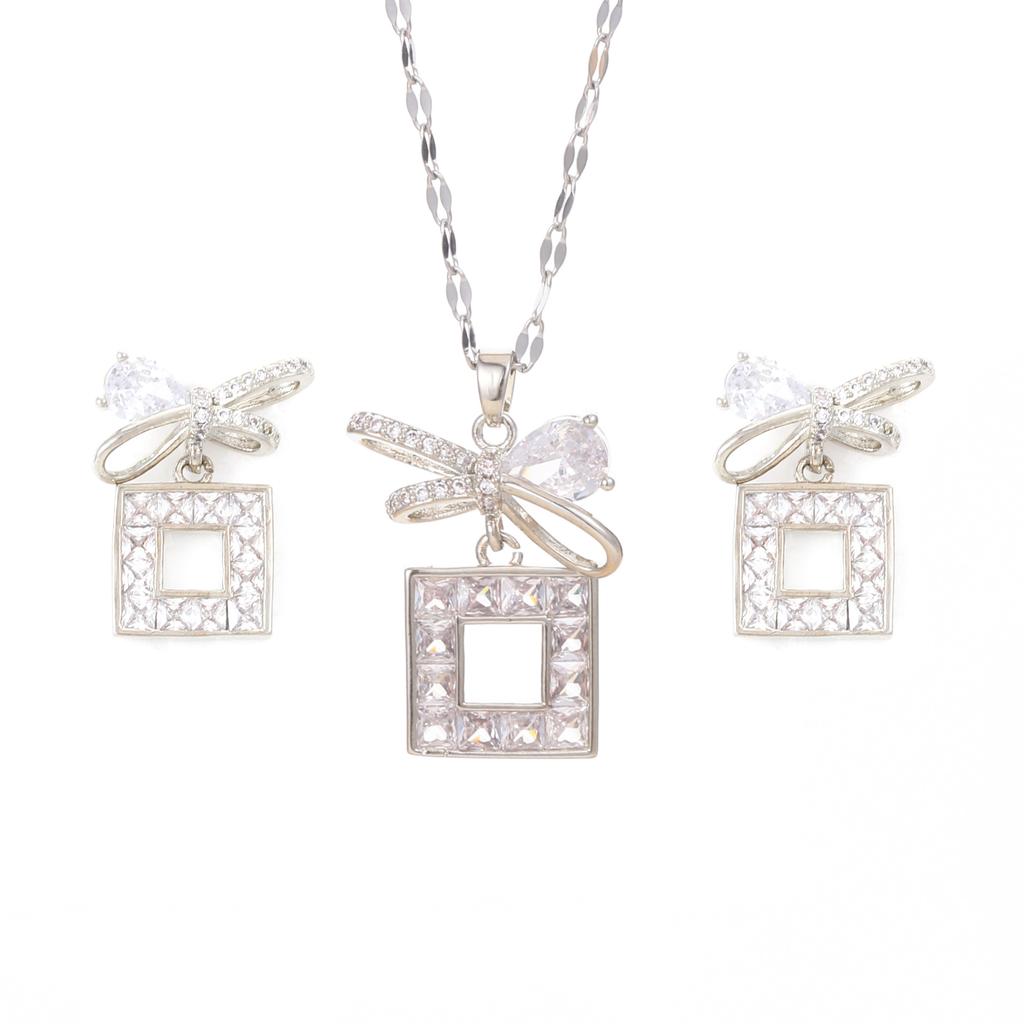 Bow Necklace Women'S Light Luxury Design Simple Ol Zircon Pendant Earrings Accessories