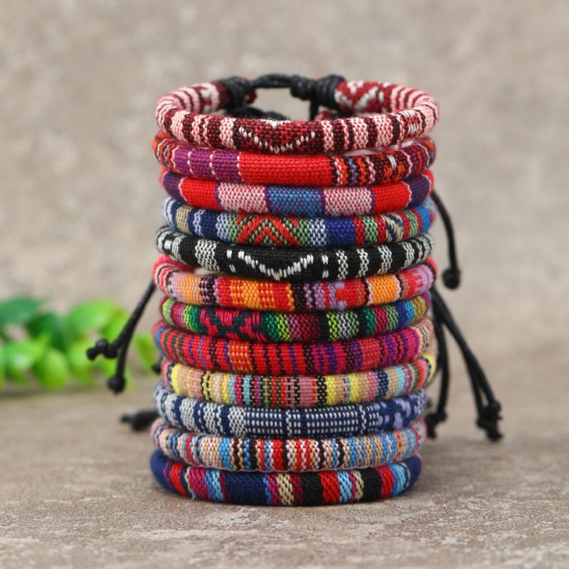 Hot-selling Cotton Men's and Women's Bohemian Hand-woven Bracelets, 12-piece Set, Colorful Surf Bracelets