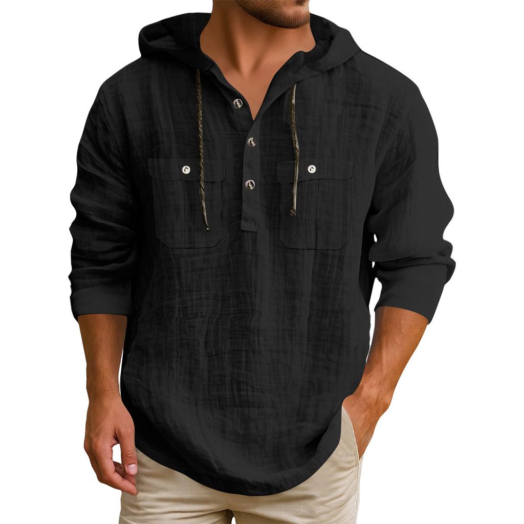 Men's Hooded T-shirt Solid Color Cotton And Linen Men's Casual Long-sleeved Top