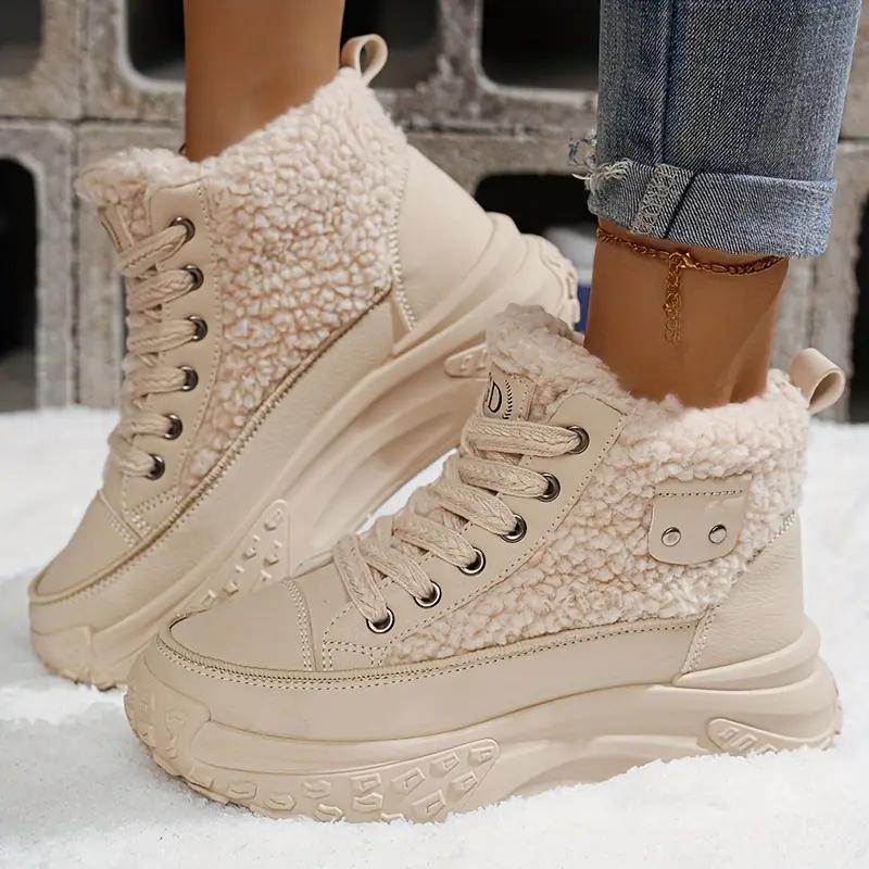 Women'S Chunky Platform Ankle Boots - Winter Warm Fleece-Lined Low Heel Lace-Up Boots with Thick Rubber Sole, Round Toe Sonw Boots