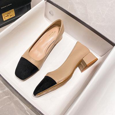 Fashion Brand Black & Beige Leather Patchwork Pumps Women Thick Heel Dress Shoes Square Toe Tacones Shallow Mouth Low Heel Pumps Women